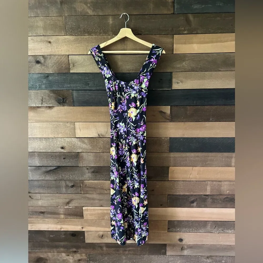 Vintage 80s All That Jazz Black Floral Midi Dress Crisscross Back Size 7/8 - Picture 2 of 16